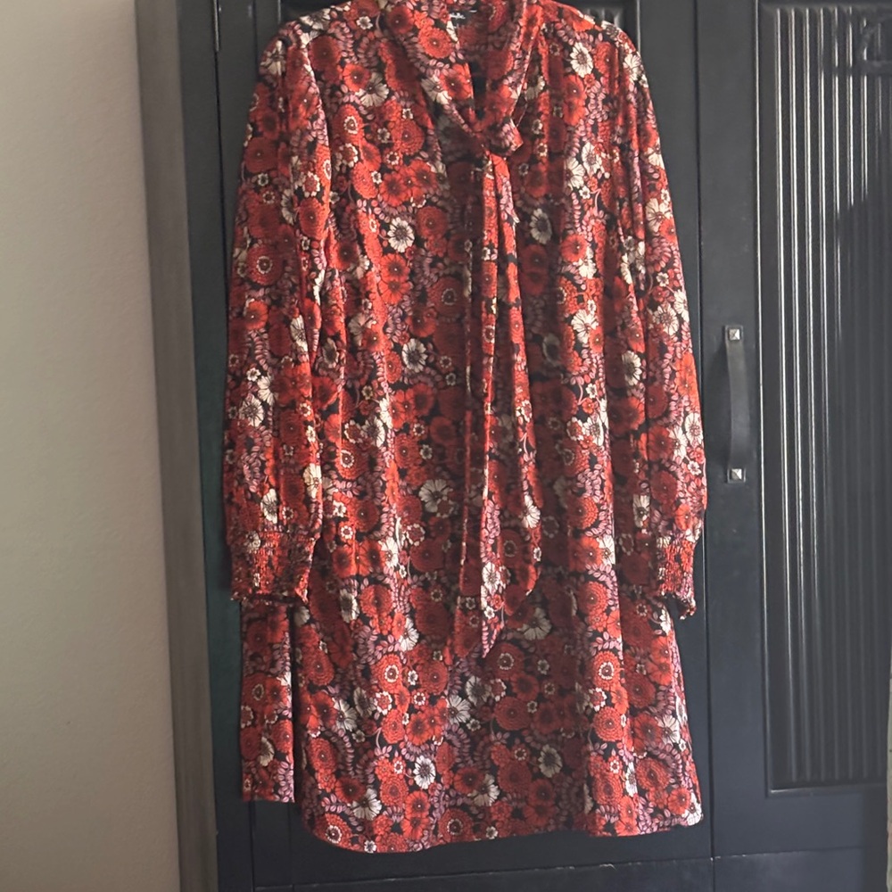 Floral Red Dress with Bow Tie